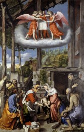 Nativity with Shepherds, St. Jerome and a Donor by Moretto da Brescia, c.1530/35