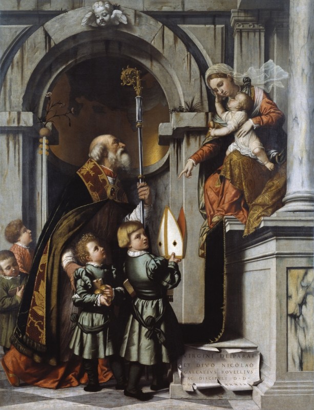 St. Nicholas of Bari Presents Galeazzo Rovellio's Students to the Enthroned Virgin and Child (Rovellio Altarpiece) by Moretto da Brescia, 1539 - canvas print