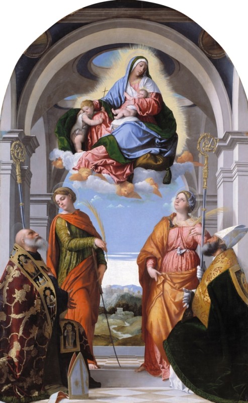 Virgin and Child, Saint John with Saints Benedict, Paterius, Euphemia and Justina by Moretto da Brescia, 1527 - canvas print