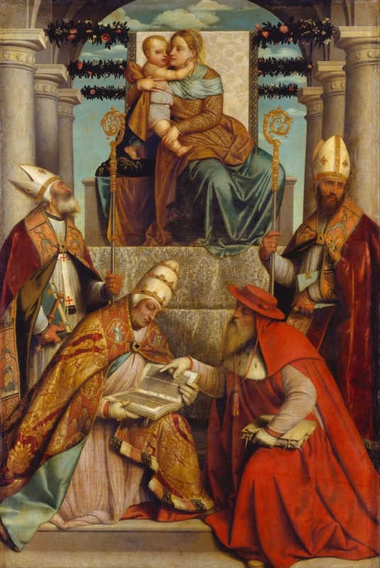 Virgin and Child Enthroned with the Four Fathers of the Latin Church by Moretto da Brescia, c.1540/50 - canvas print