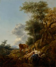 Landschaft mit Nymphe und Satyr | Nicolaes Berchem | Gemälde Reproduktion