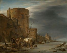 Die Stadtmauer von Haarlem im Winter, 1647 von Nicolaes Berchem | Giclée Leinwand Kunstdruck