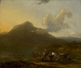 Peasants with Cattle and Sheep before a Mountainous Landscape, c.1660 von Nicolaes Berchem | Giclée Leinwand Kunstdruck