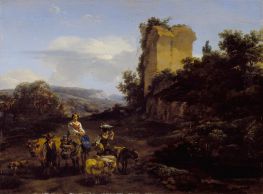 Landschaft mit Ruinen und Reisenden, 1654 von Nicolaes Berchem | Giclée Leinwand Kunstdruck