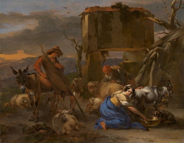 Pastorale Szene mit einer Schäferin, die eine Ziege melkt, c.1665/70 | Nicolaes Berchem