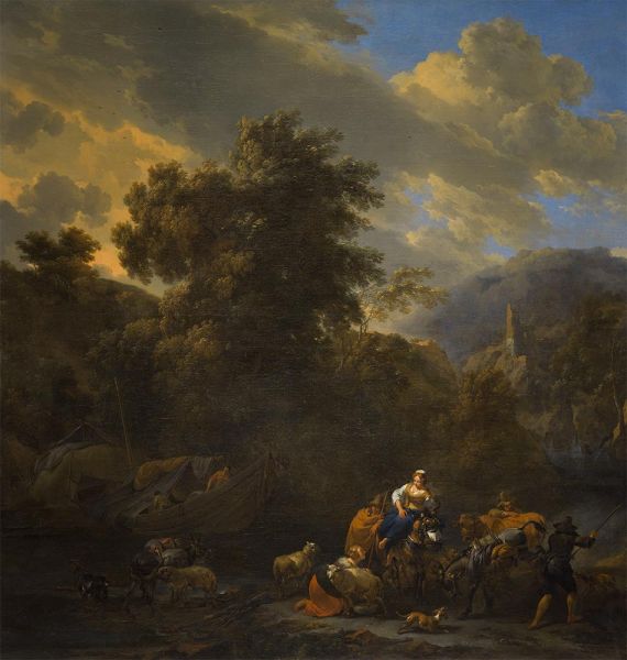 Italienisch anmutende Landschaft mit Figuren und Lasttieren am Ufer eines Flusses, n.d. | Nicolaes Berchem | Giclée Leinwand Kunstdruck