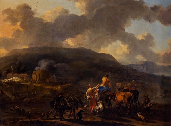 Landschaft mit Herde und Hirten, 1664 | Nicolaes Berchem | Giclée Leinwand Kunstdruck