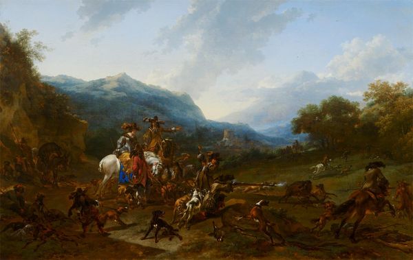 Wildschweinjagd, 1659 von Nicolaes Berchem | Leinwand-Kunstdruck