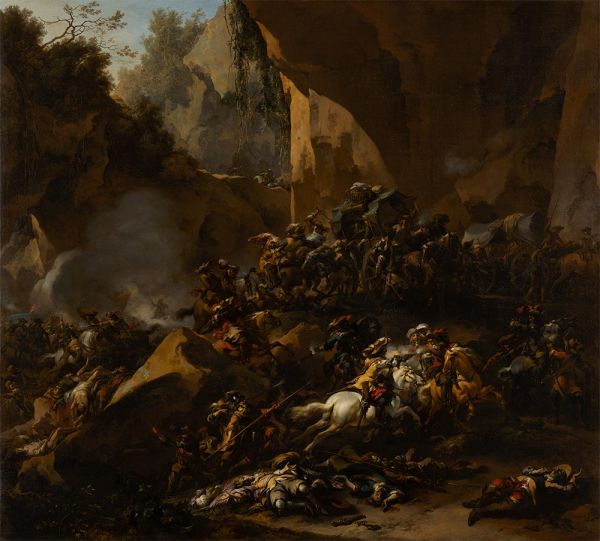 Reisende von Räubern überfallen, n.d. von Nicolaes Berchem | Leinwand-Kunstdruck