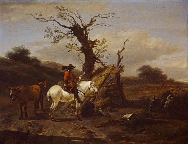 Die Vogelfalle: Lager mit einer Figur auf einem ..., c.1645/46 von Nicolaes Berchem | Leinwand-Kunstdruck