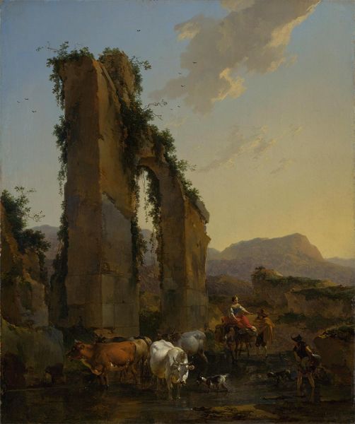 Bauern an einem verfallenen Aquädukt, c.1655/60 von Nicolaes Berchem | Leinwand-Kunstdruck
