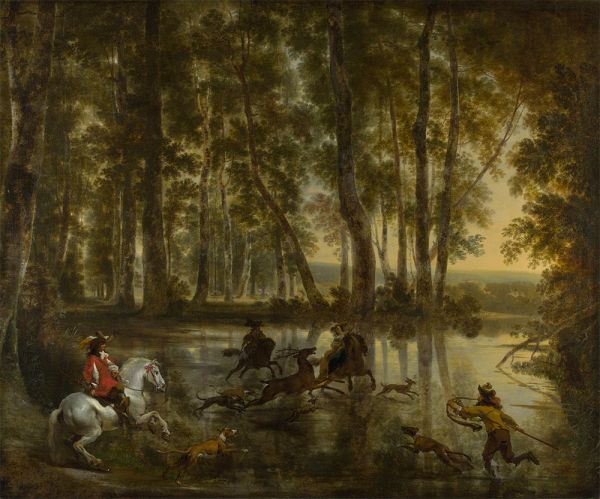 Eine Hirschjagd im Wald, c.1660 | Nicolaes Berchem | Giclée Leinwand Kunstdruck