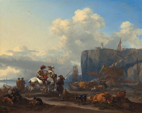 Blick auf einen italienischen Hafen, 1660s | Nicolaes Berchem | Giclée Leinwand Kunstdruck