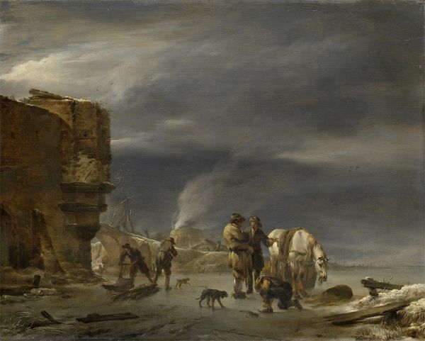 Auf dem Eis in der Nähe eines Dorfes, 1647 | Nicolaes Berchem | Giclée Leinwand Kunstdruck