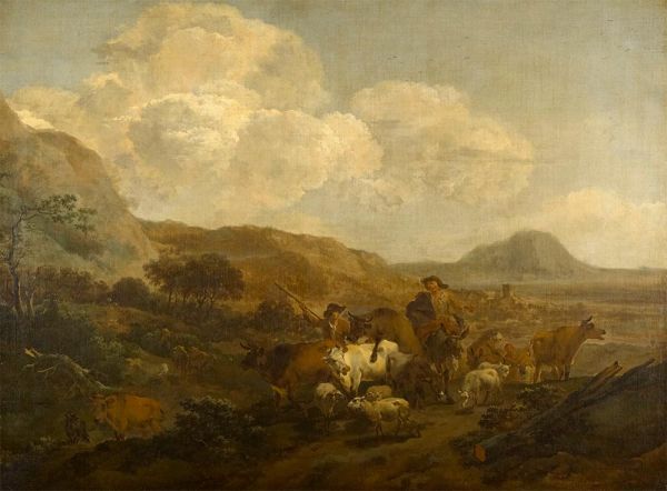 Zwei Hirten, die ihre Herden und Vieh treiben, c.1652/58 von Nicolaes Berchem | Leinwand-Kunstdruck