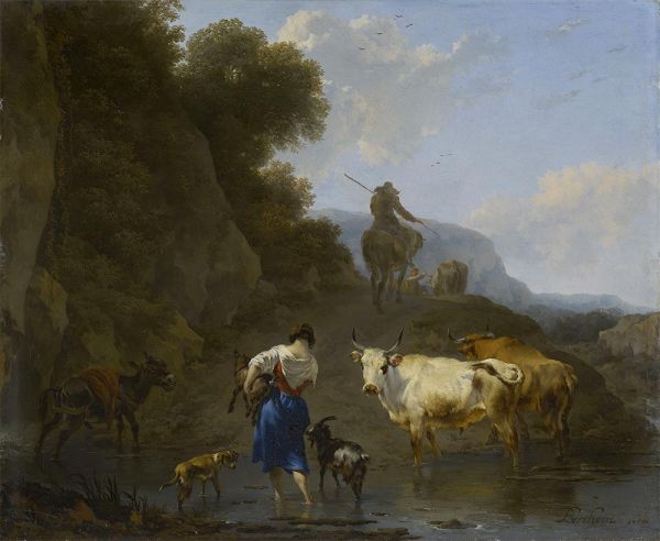 Eine Schäferin, die ein Zicklein über eine Furt ..., 1658 von Nicolaes Berchem | Leinwand-Kunstdruck
