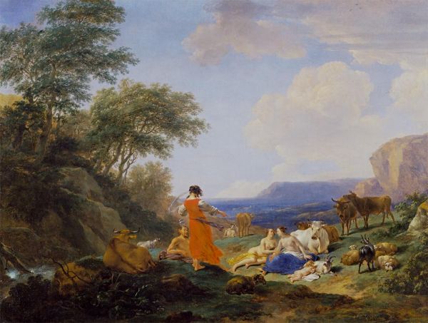 Der kleine Jupiter mit den Nymphen auf dem Berg Ida, 1650s von Nicolaes Berchem | Leinwand-Kunstdruck