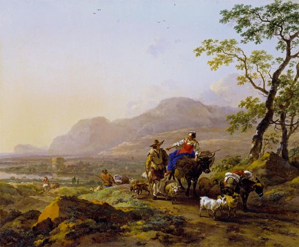 Italienische Landschaft mit Figuren, 1654 von Nicolaes Berchem | Leinwand-Kunstdruck