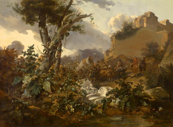 Italienische Landschaft mit einer Kavallerieschlacht, c.1665/70 von Nicolaes Berchem | Leinwand-Kunstdruck