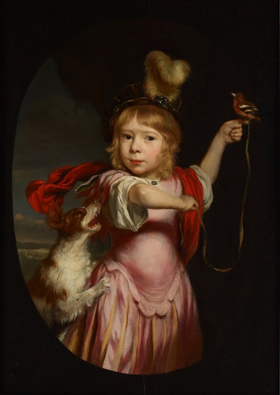 Portrait of a Boy in Classical Dress with a Bullfinch and Spaniel, 1670 | Nicolaes Maes | Giclée Canvas Print
