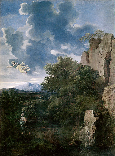Landschaft mit Hagar und dem Engel, n.d. von Nicolas Poussin | Leinwand-Kunstdruck