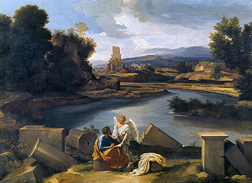 Römische Landschaft mit dem heiligen Matthäus ..., c.1639/40 von Nicolas Poussin | Leinwand-Kunstdruck