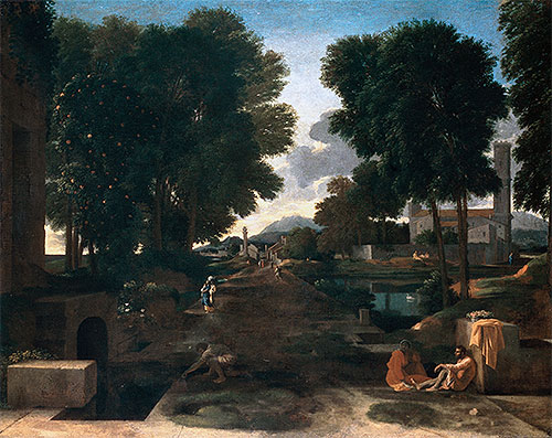 Eine römische Straße (Landschaft mit rastenden ..., 1648 von Nicolas Poussin | Leinwand-Kunstdruck