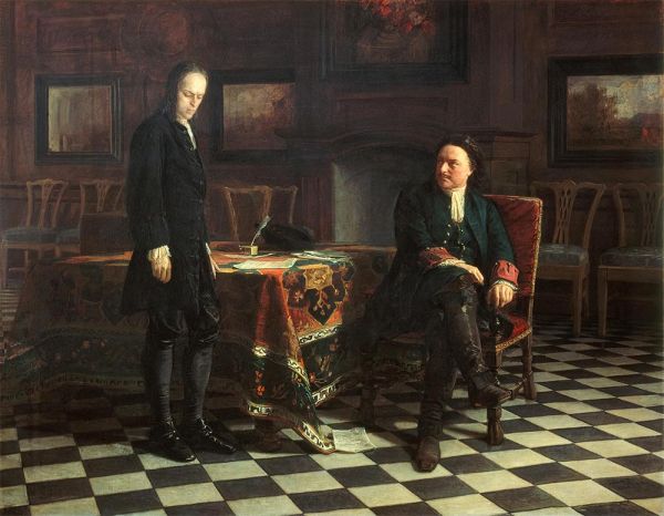Peter der Große verhört Zarewitsch Alexej Petrowitsch bei Peterhof, 1871 | Nikolay Ge | Giclée Leinwand Kunstdruck