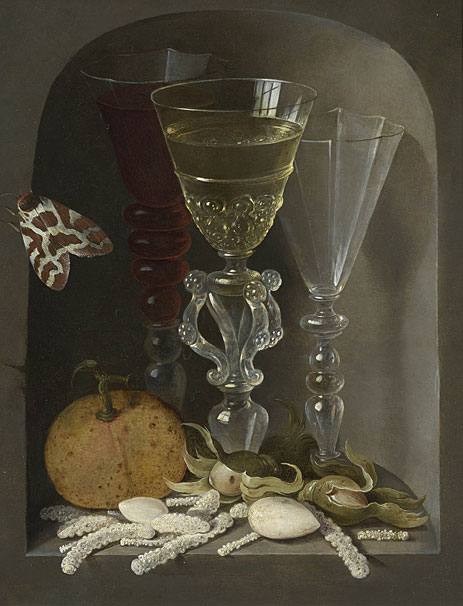 A Still Life of Three Wine Glasses, an Orange, Sweetmeats, Hazelnuts and a Moth in a Stone Niche, n.d. | Osias Beert