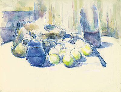 Still Life with Pears and Apples, Covered Blue Jar and a Bottle of Wine, n.d. | Cezanne