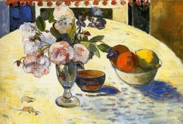 Blumen und eine Obstschale auf einem Tisch | Gauguin | Gemälde Reproduktion
