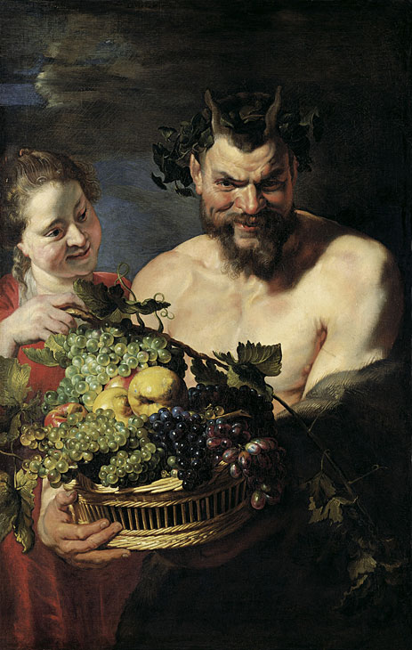 Satyr and Young Woman with Fruit Basket, 1615 | Rubens | Giclée Leinwand Kunstdruck