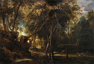A Forest at Dawn with a Deer Hunt, c.1635 | Rubens | Giclée Leinwand Kunstdruck