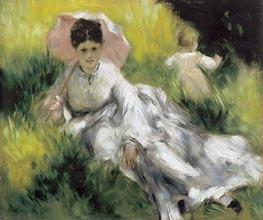Woman with a Parasol and Child on a Sunlit Hillsid, c.1874/76 by Renoir | Canvas Print