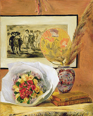 Stillleben mit Blumenstrauß und Fan, 1871 | Renoir | Giclée Leinwand Kunstdruck