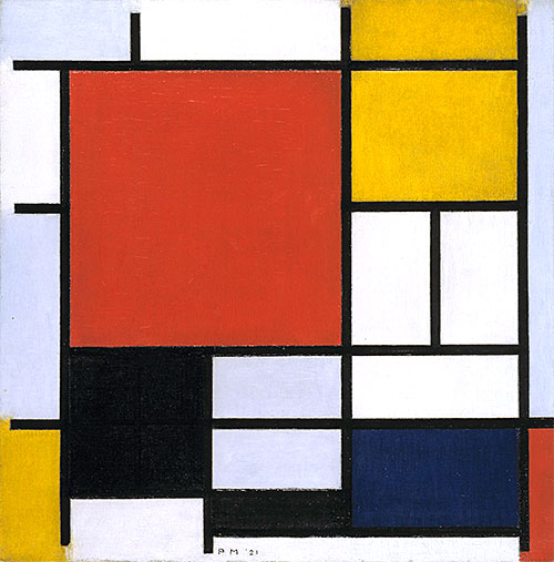 Komposition mit großer roter Fläche, Gelb, Schwarz, Grau und Blau, 1921 | Mondrian