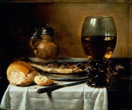 Pieter Claesz | Still Life with Stoneware Jug, Wine Glass, Herring, and Bread, 1642 | Giclée Canvas Print