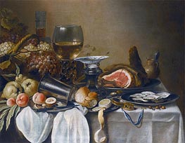 Still Life with a Ham, Fruits, Oysters and Bread, 1651 von Pieter Claesz | Leinwand Kunstdruck