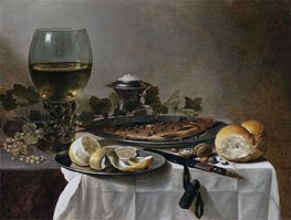 Still Life with Herring, Wine and Bread, 1647 von Pieter Claesz | Leinwand Kunstdruck