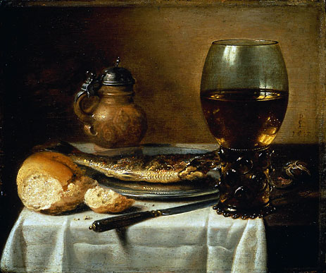 Still Life with Stoneware Jug, Wine Glass, Herring, and Bread, 1642 | Pieter Claesz | Giclée Canvas Print