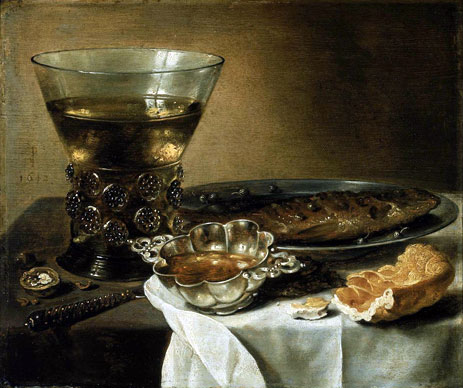 Still Life with Silver Brandy Bowl, Wine Glass, Herring, and Bread, 1642 | Pieter Claesz