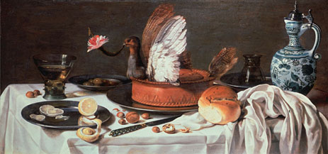 Tabletop Still Life with Pigeon Pie and Delftware Jug, c.1626 | Pieter Claesz
