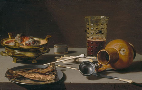Still Life with Smoking Implements, Herring, and Overturned Jug, 1627 | Pieter Claesz