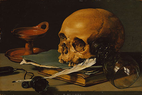 Still Life with a Skull and a Writing Quill, 1628 | Pieter Claesz | Giclée Leinwand Kunstdruck