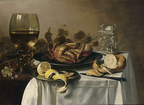 Ein Stillleben mit einem Römer, einer Krabbe und einer geschälten Zitrone auf einem Zinnteller, 1643 | Pieter Claesz