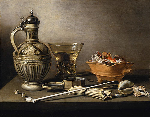 Still Life with a Stoneware Jug, Berkemeyer and Smoking Utensils, 1640 | Pieter Claesz