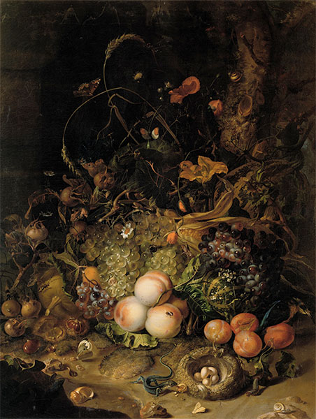 Fruit, Flowers, Reptiles and Insects on the Edge of the Forest, 1716 | Rachel Ruysch