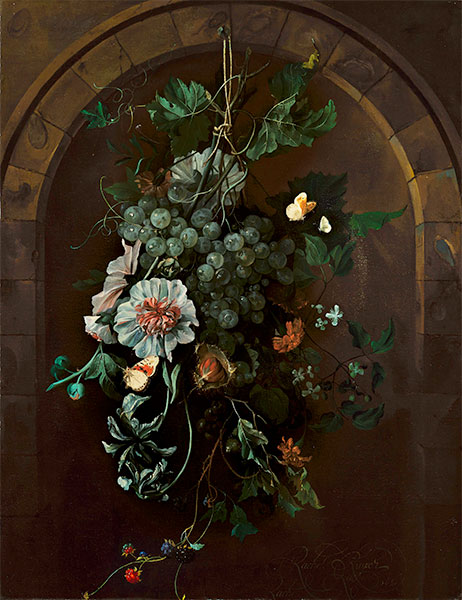 Ein Frucht- und Blumenarrangement vor einem steinernen Bogen, 1681 | Rachel Ruysch