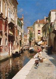 Women Walking beside a Venetian Canal | Rubens Santoro | Painting Reproduction