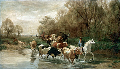Kuhe mit Reiter am Wasser beim Zurichhorn, 1877 | Rudolf Koller | Giclée Leinwand Kunstdruck